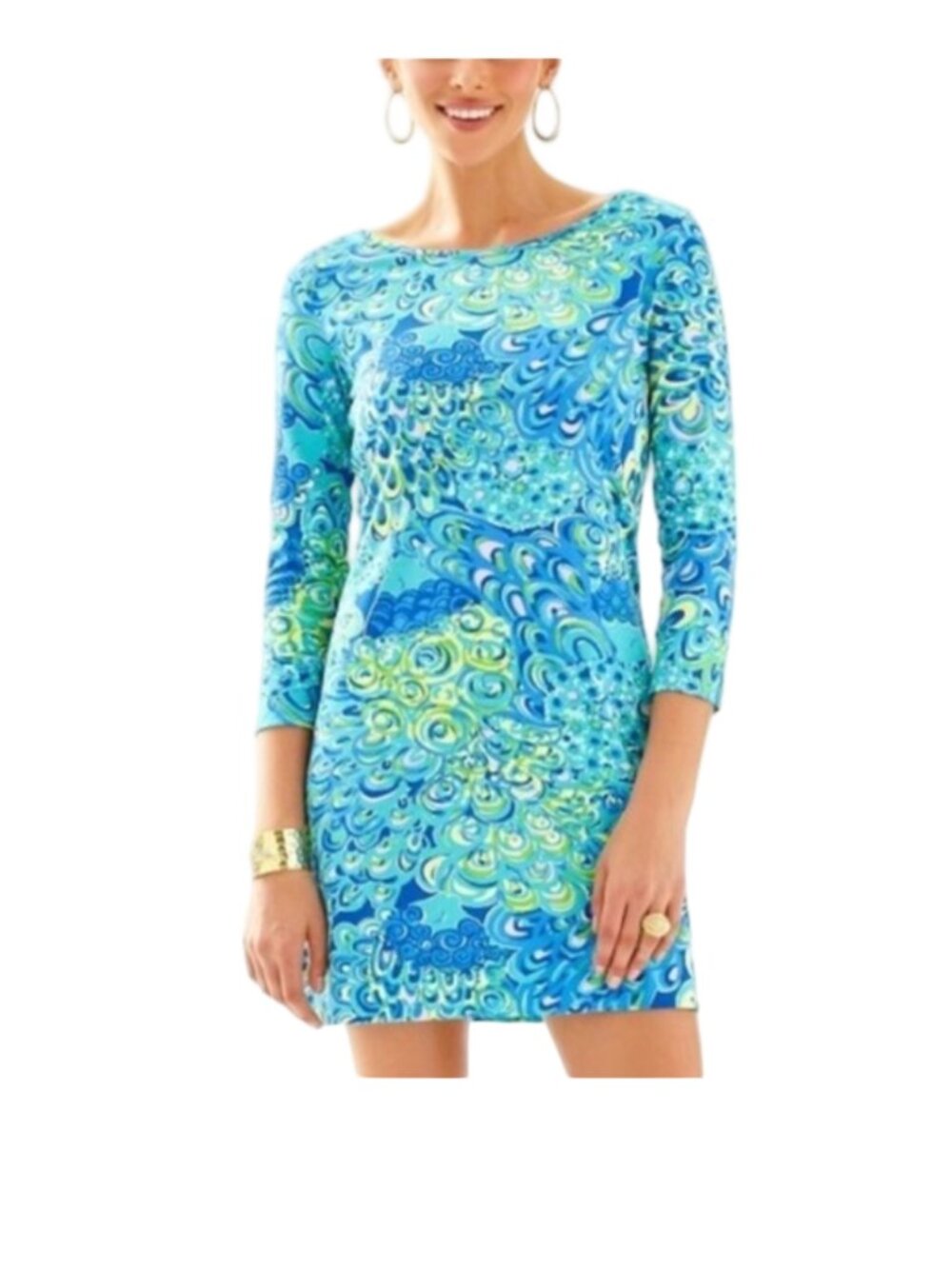Lilly Pulitzer Pima Cotton Shift Dress XS Blue Green Tropical Print 3 /4 sleeve